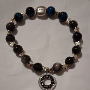 Silver Obsidian & Galaxy Blue Tigers Eye Beaded Charm Bracelet - Women's Jewelry